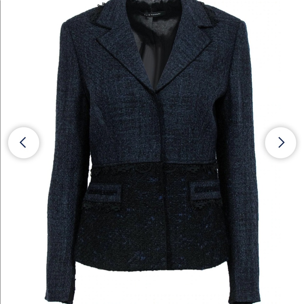 Elie Tahari Navy Blue and Black Tweed Lace Blazer Jacket